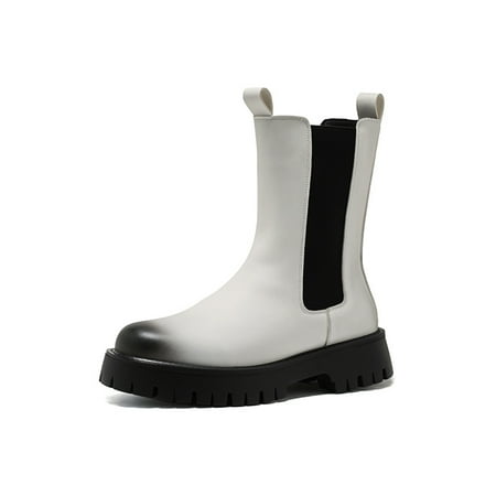 

Ymiytan Men Work Shoes Pull On Elastic Boots Waterproof Chelsea Boot Office Casual Mid Calf White 9.5
