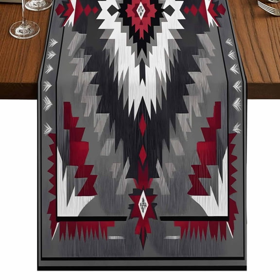 Boho Red Grey Table Runner 60 Inches Long, Cotton Linen Table Runner Dresser Scarf, Geometric Southwestern Retro Ethnic Fabric Tablerunners for Dining Coffee Tables Wedding Holiday Party 13"x60"