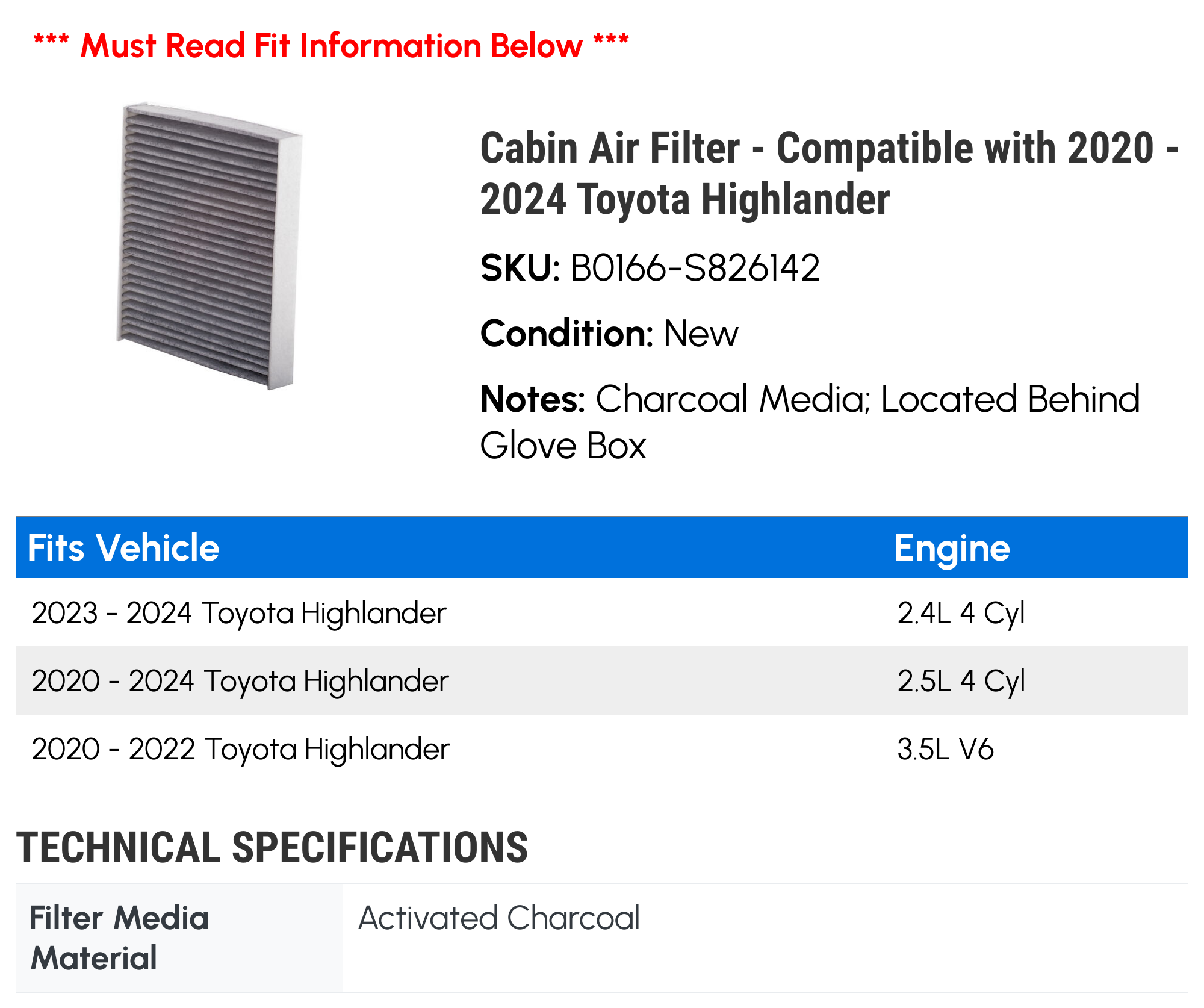 Cabin Air Filter - Compatible with 2020 - 2024 Toyota Highlander 2021 2022 2023