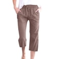 thumbnail image 2 of Capris Womens Cotton Linen Knee Length Elastic Waist Drawstring Bermuda Shorts Casual Beach Shorts with Pockets, Light Brown 20" Inseam M, 2 of 7