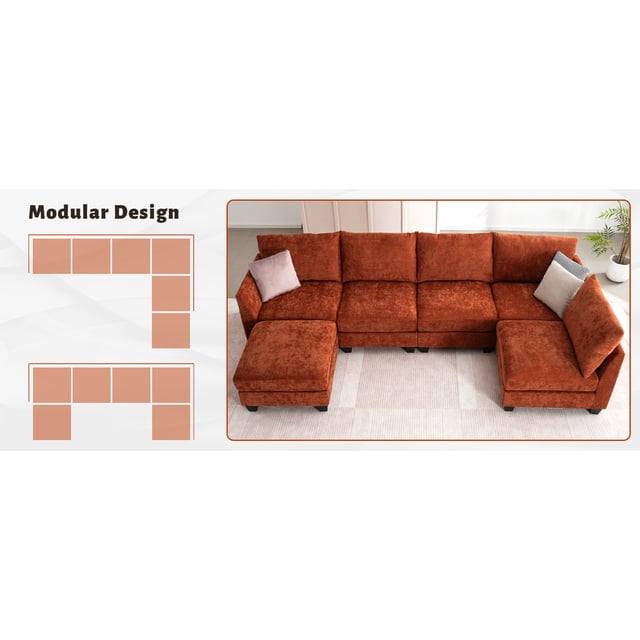 Canapé Sectionnel Modulaire de 124 Pouces, Canapé Sectionnel en U 6 Places avec Ottomane de Rangement et Ports USB, Grand Canapé Nuage Sectionnel Moderne en Lin en Forme de L pour Salon (Orange)
