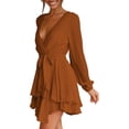 thumbnail image 4 of Women's Dress Deep V-Neck Long Sleeve Waist Tie Ruffle Mini Swing Skater Dresses, 4 of 11