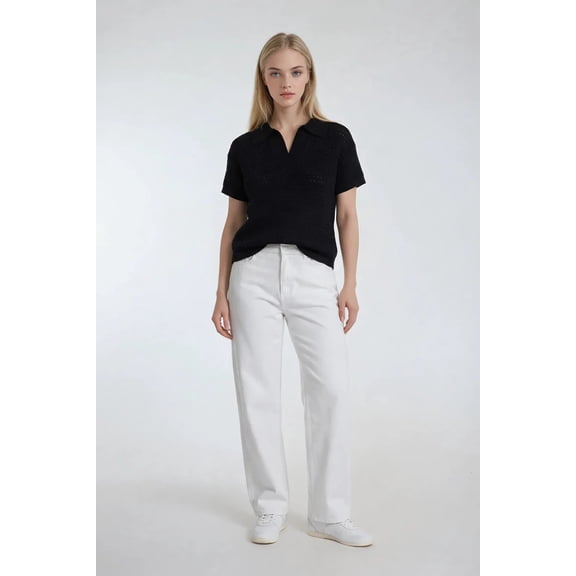 Forever 21 Short-Sleeve Crochet Collared Sweater Top, Color-Black, Size-Xs
