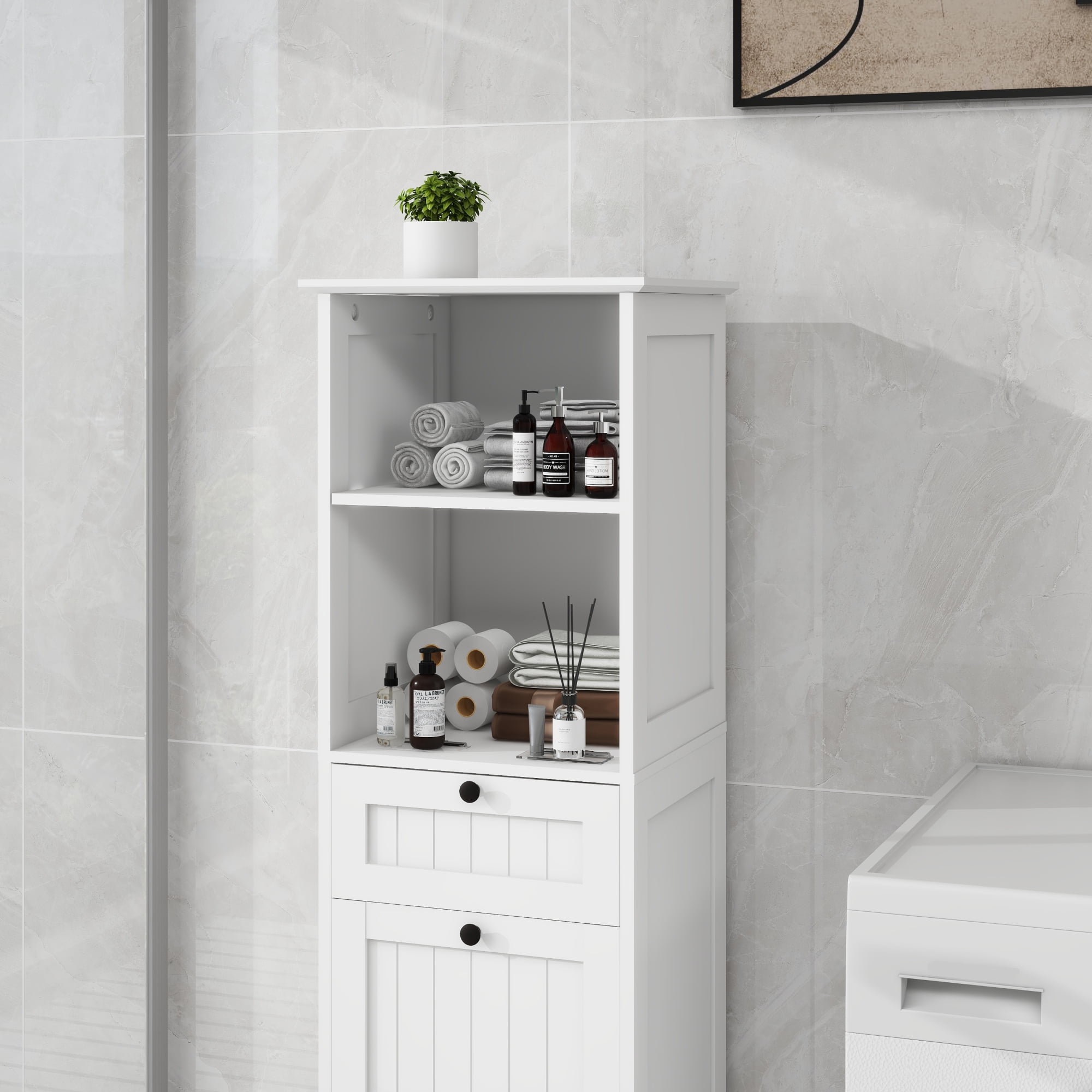 Leumius Tilt-Out Laundry Hamper Cabinet,Freestanding Laundry Sorter Cabinet with Compartment & Drawer,White