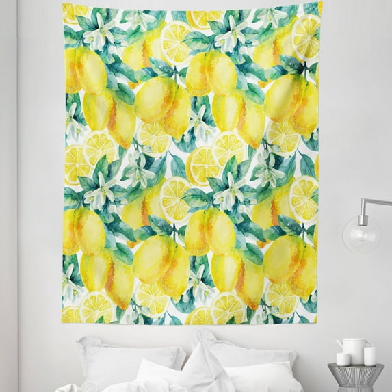 Garden Tapestry, Mature Lemon Citrus Tree Branches Vibrant Flourishing Season Watercolor, Fabric Wall Hanging Decor for Bedroom Living Room Dorm, 5 Sizes, Forest Green Yellow, by Ambesonne
