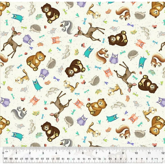 Cotton Enchanted Woods Woodland Friends Bears Owls Deer Bunnies Rabbits Hedgehogs Windham Fabrics Ivory Cotton Fabric Print by the Yard (54524-4)