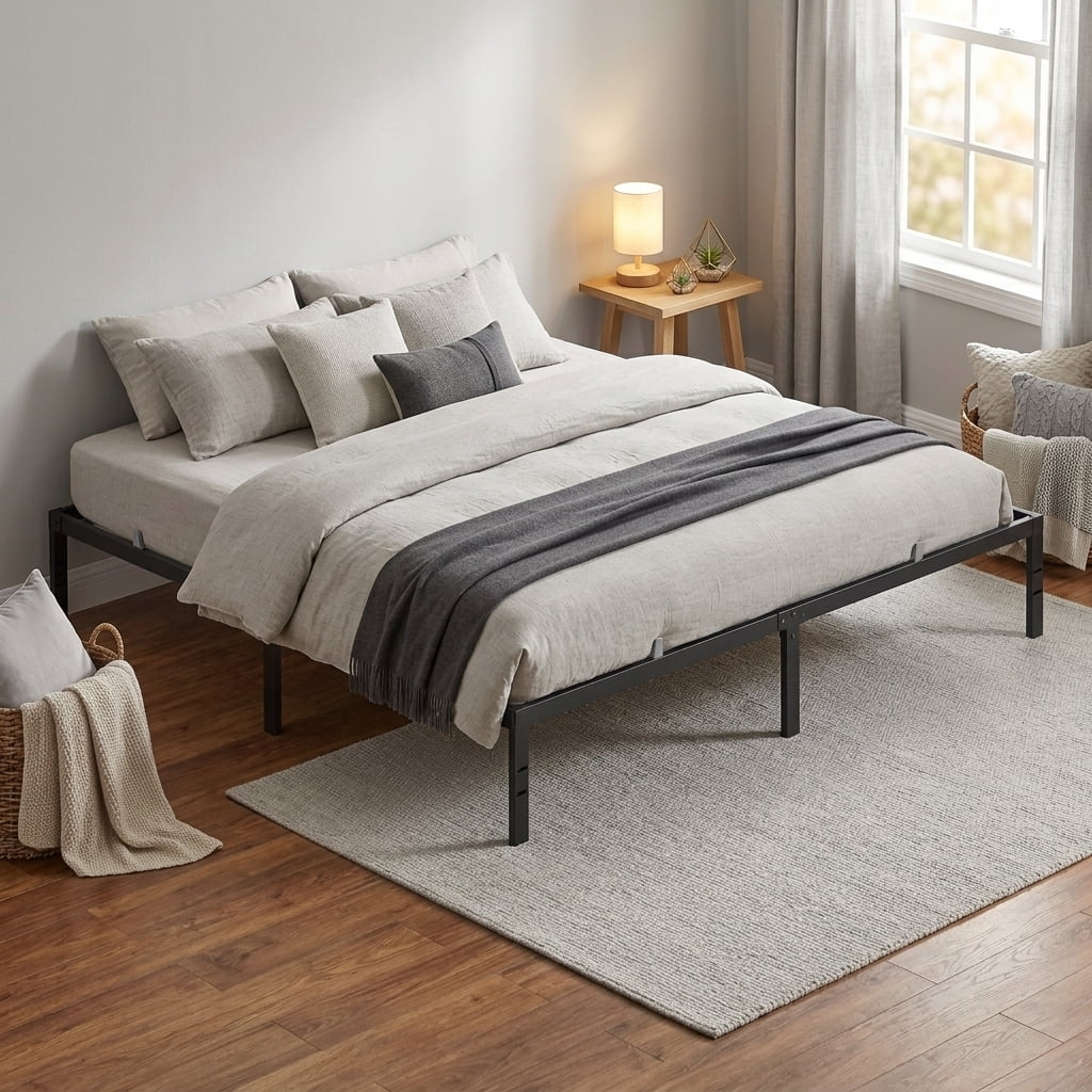 LEDREM King Size Metal Frame, Heavy-Duty Platform Bed with Under-Bed Storage, Easy Assembly for Bedroom, Black