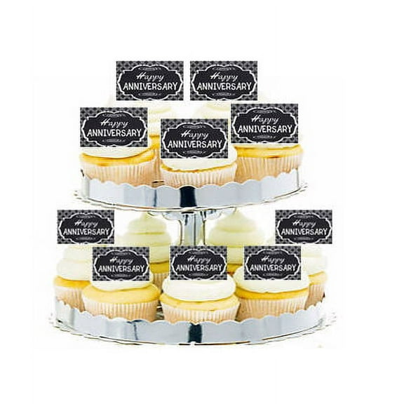 24pk Vintage Black Chalkboard Happy Anniversary Edible Cupcake Decoration Topper Picks