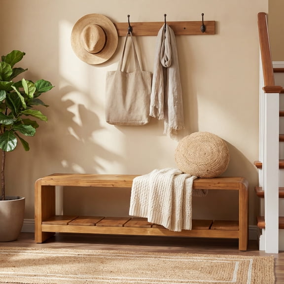 Finmind Solid Wood Entryway Bench with Shoe Storage, 59.06-Inch Long Shoe Bench with Open Shelf, Farmhouse End of Bed Seating for Hallway, Foyer, Bedroom, Walnut Brown