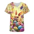 thumbnail image 5 of Easter Scrub Tops for Women Artistic Realistic Rabbit and Eggs Graphic V Neck Short Sleeve Professional Medical Uniform with Pockets Holiday Workwear, 5 of 6
