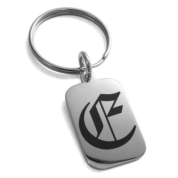 Stainless Steel Letter E Initial Old English Monogram Engraved Small Rectangle Dog Tag Charm Keychain Keyring