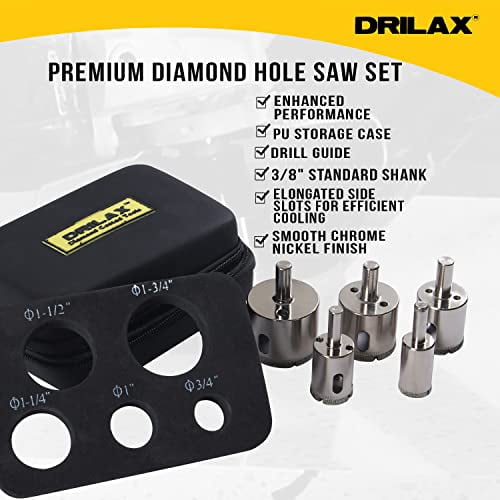 DRILAX Diamond Hole Saw Drill Bit Set with Storage Case 5-Piece 3/4, 1, 1-1/4, 1-1/2, 1-3/4 inch