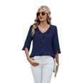 thumbnail image 2 of Womens Dressy Casual Blouses 3/4 Sleeve V Neck Ruffle Tops Business Ladies Summer 2025 Work Shirt Navy blue M, 2 of 5