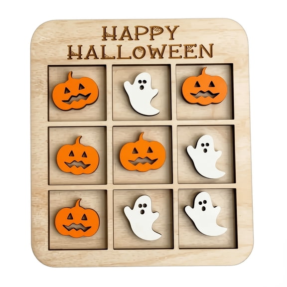 Halloween Tic-Tac-Toe Board Game Set, Wooden Nine Grid Halloween Games with Themed Pieces for Pumpkin Patch, Party Entertainment and Family C