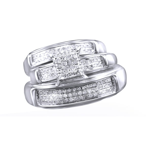 AFFY White Natural Diamond Wedding & Engagement Trio Bridal Ring Set In 10k White Gold (0.37 Cttw)