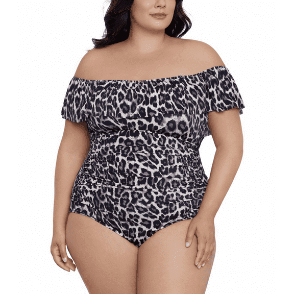 Swim Solutions Plus Size Cheetah-Print Off-the-Shoulder One Piece Swimsuit- Leaping Leopards