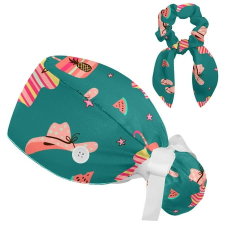 

Working Cap with Buttons and Sweatband Scrub Hat Bouffant Caps with Scrunchie Summer Green Tie Back Hats
