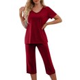 thumbnail image 4 of Fengactive Pajama Set for Women 3/4 Sleeve V Neck Top with Capri Pants Pjs 2 Piece Loungewear Solid Color Soft Sleepwear, 4 of 7