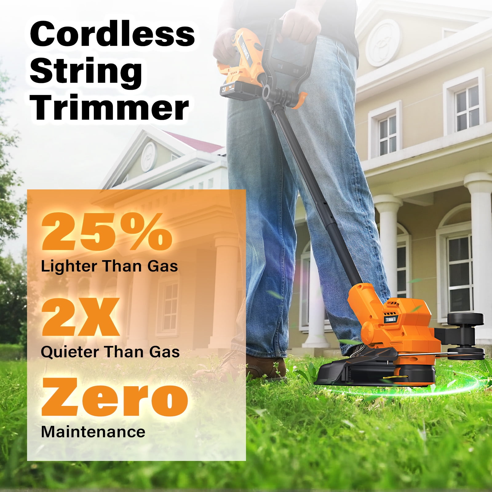 String Trimmer, 12-inch Cordless Grass Trimmer with Auto Line Feed, 2 X 2.0Ah Battery Powered Weed Eaters, 20V Lawn Edger with 8 Pcs Grass Cutter Spool Line, Fast Charger Included