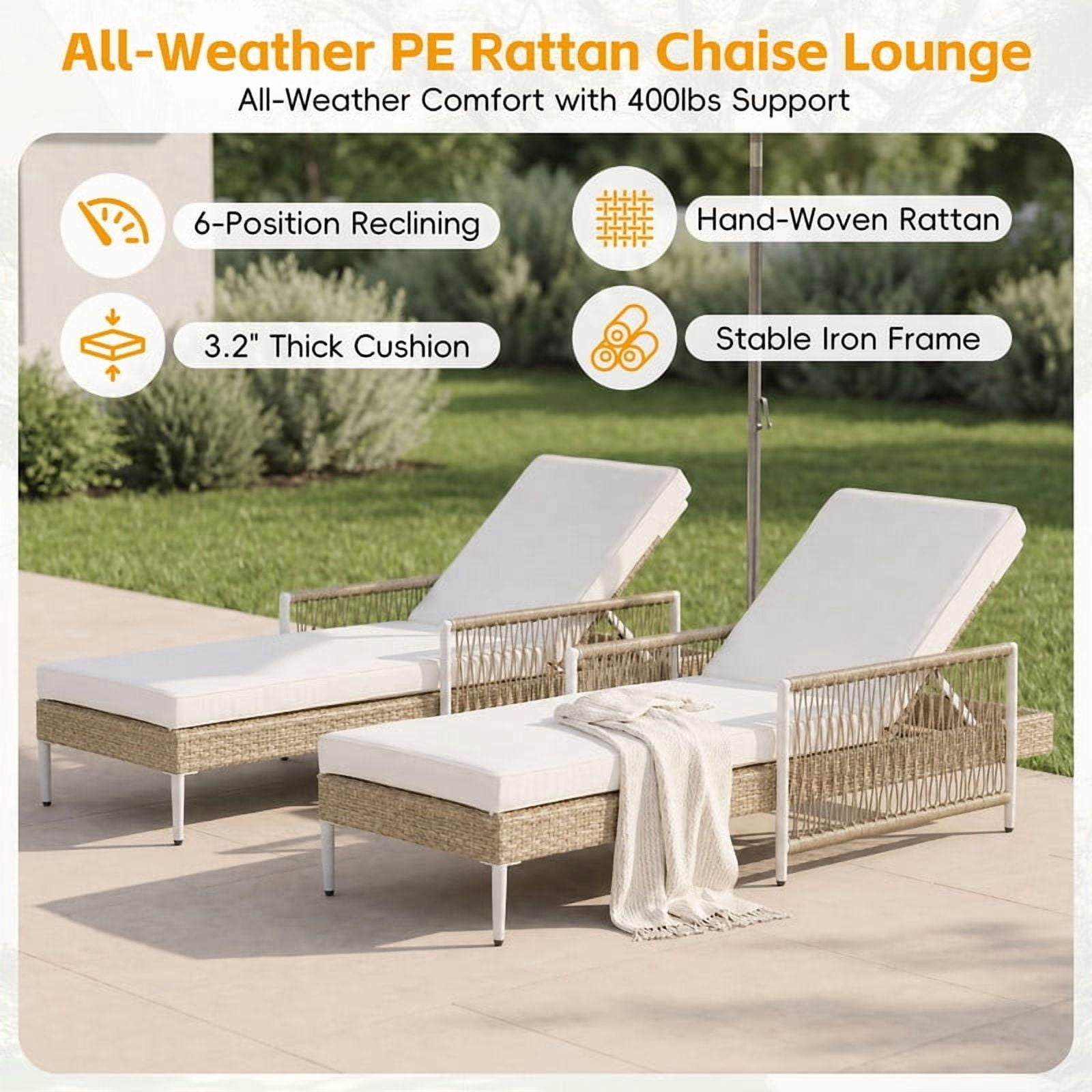 Howcool Outdoor All-Weather PE Rattan Chaise Lounge,Hand-Woven Wicker Patio Recliner with 6 Adjustable Positions, Armrests, Thick Cushion & Removable Cover,400 lbs Capacity,Beige