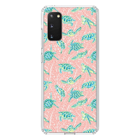 DistinctInk Clear Shockproof Hybrid Case for Galaxy S20 PLUS / 5G (6.7" Screen) - TPU Bumper, Acrylic Back, Tempered Glass Screen Protector - Preppy Pattern - Turtles on Pink Background