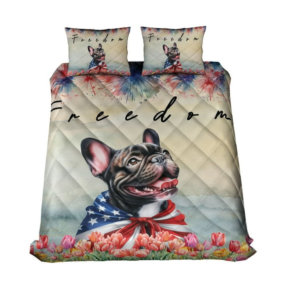 Freedom French Bulldog on Independence Day 4th of July Quilt Bedding Set Dog Lover Gifts 1 Blanket Bed Cover 2 Pillowcases - 01005