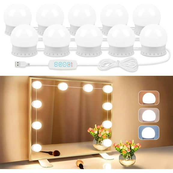 LED Vanity Lights for Mirror, Vanity Lights Stick on with 10 Dimmable Bulbs, 3000K 4000K 6500K & 10 Level Brightness Adjustable, USB Cable, Hollywood Mirror Lights for Makeup Dressing Room Bathroom