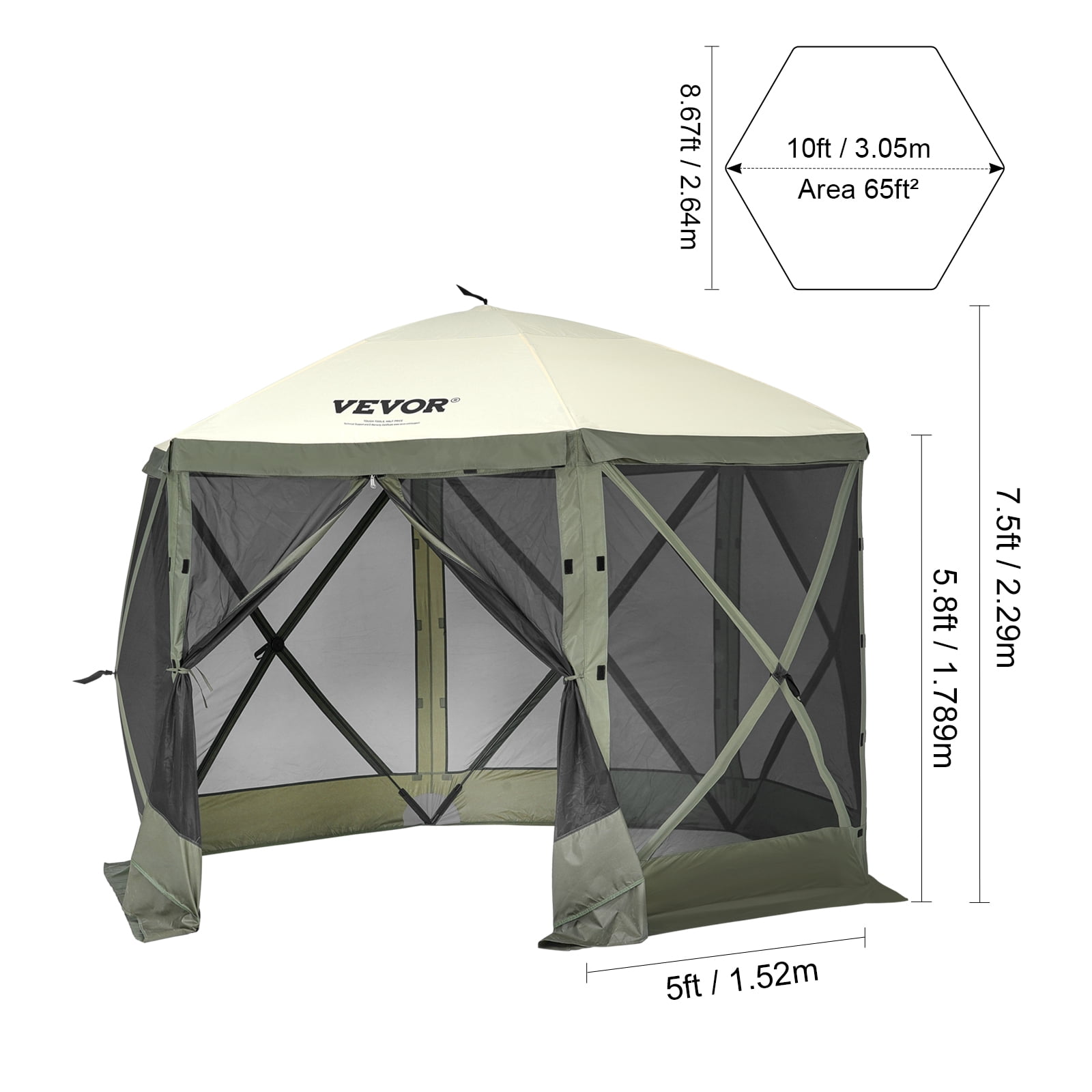 VEVOR Pop up Gazebo Tent, Pop-Up Screen Tent 6 Sided Canopy Sun Shelter with 6 Removable Privacy Wind Cloths & Mesh Windows, 10x10FT Quick Set Screen Tent with Mosquito Netting, Army Green