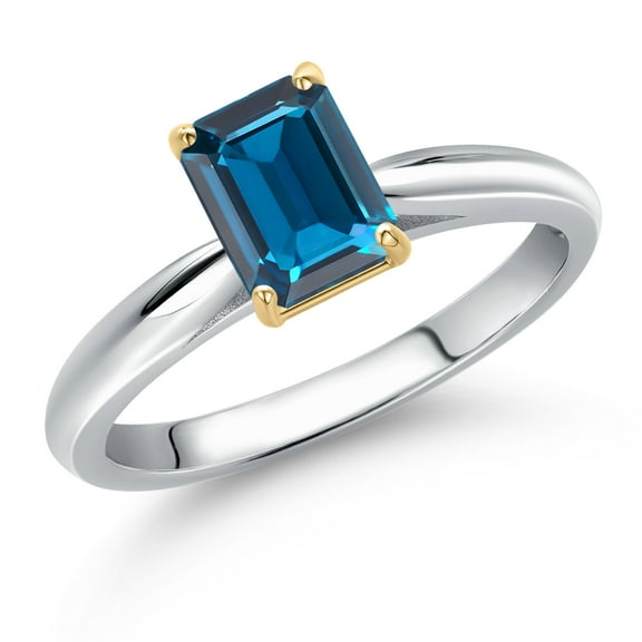Gem Stone King 925 Silver and 10K Yellow Gold London Blue Topaz Engagement Ring for Women | 1.14 Cttw | Emerald Cut 7X5MM | Gemstone November Birthstone | Size 8