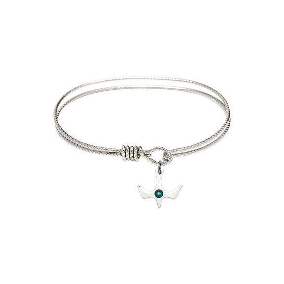 6 1/4 inch Oval Eye Hook Bangle Bracelet w/ Holy Spirit medal charm w/ May Green Swarovski Crystal