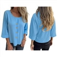 thumbnail image 2 of Blusas de para Mujer, Cuello en V, Mangas 3/4, Abotonadas, Sueltas, Informales, Lisas, Tipo Túnica. Azul 4XL, 2 of 6