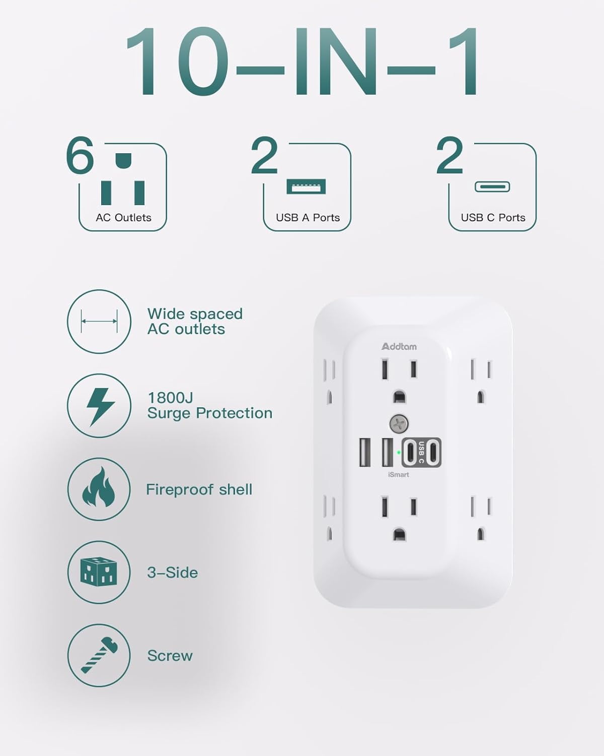 Sur Protector Outlet Extender, 6-Outlet Splitter with 4 USB Wall Charr(2 USB-C Ports), Multi Wall Outlet 1800J Power Strip for Home Office Dorm Room Essentials
