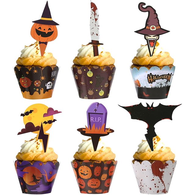 Halloween Cupcake Decorations, Halloween Cupcake Toppers Wrappers, Halloween Cake Decorations Bat Spider Ghost Pumpkin, Halloween Cupcake Decorations Props
