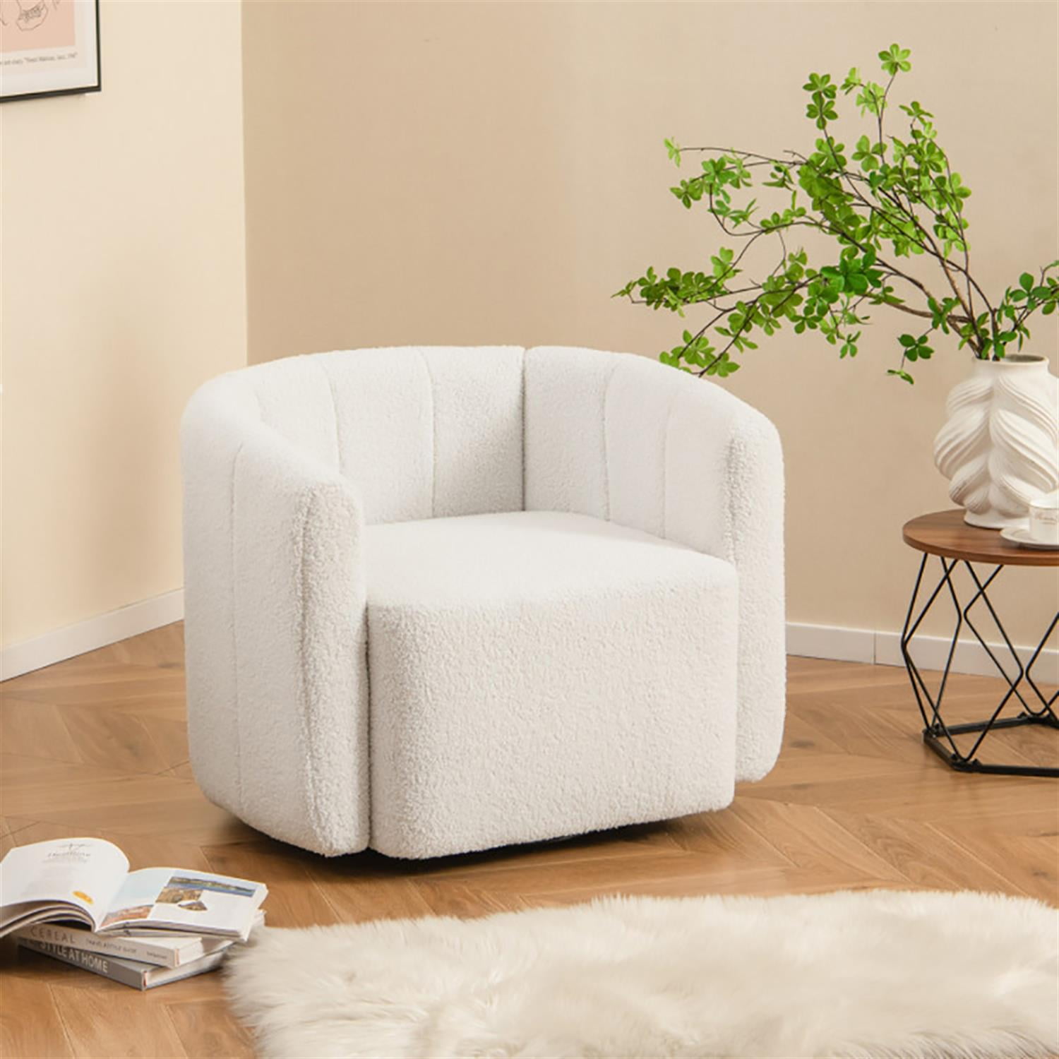 Demi Bonn Sherpa Accent Chair, Elegant Armchair with Curved Backrest and Armrests, Suitable for Living Room Bedroom Reception Room Office, White