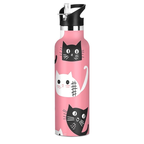 Kids Insulated Stainless Steel Sports Water Bottle 600ml (20oz), BPA-Free Black and White Cats