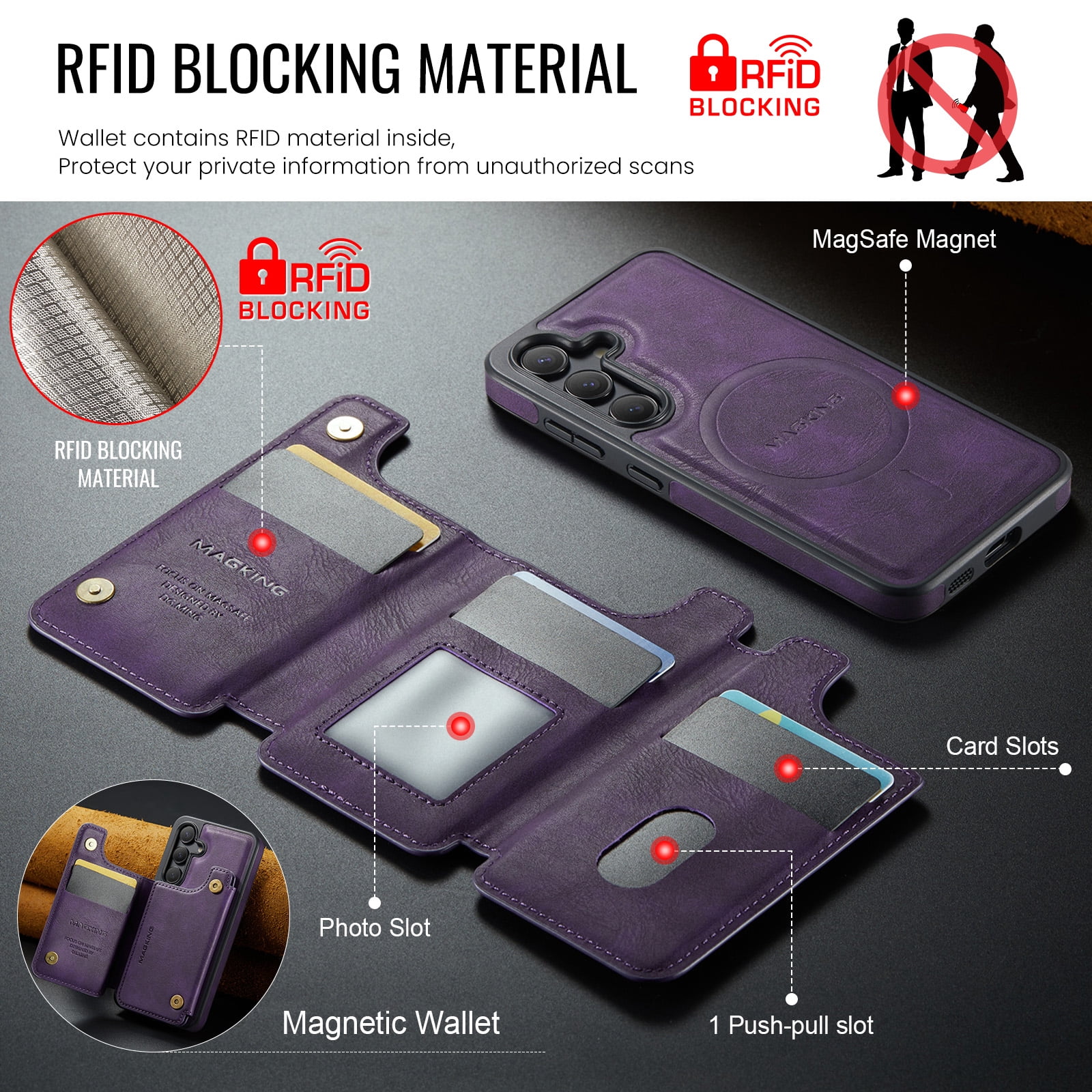 Designed for Samsung Galaxy S25+ Wallet Phone Case,Magnetic Detachable Flip Card Holder,Back Flip Kickstand,Compatible with Mag-Safe,2-in-1 PU Leather Heavy Duty Shockproof Phone Case,Purple