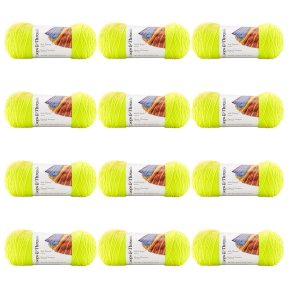 Loops & Threads Soft Classic Neon Yarn - Neon Yarn for Knitting, Crochet, Weaving, Arts & Crafts - Neon Yellow, Bulk 12 Pack