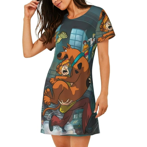 Saiise Women's Nightgown Sleepwear,Short Sleeve Pajama Dress,Scooby-Doo Print Loungewear for Home and Sleep