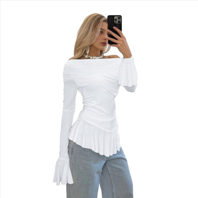 Blusa de para Mujer, de Larga Abullonada, con Cuello y Hombros Descubiertos, Ajustada, para Salir, Estilo Y2K. S
