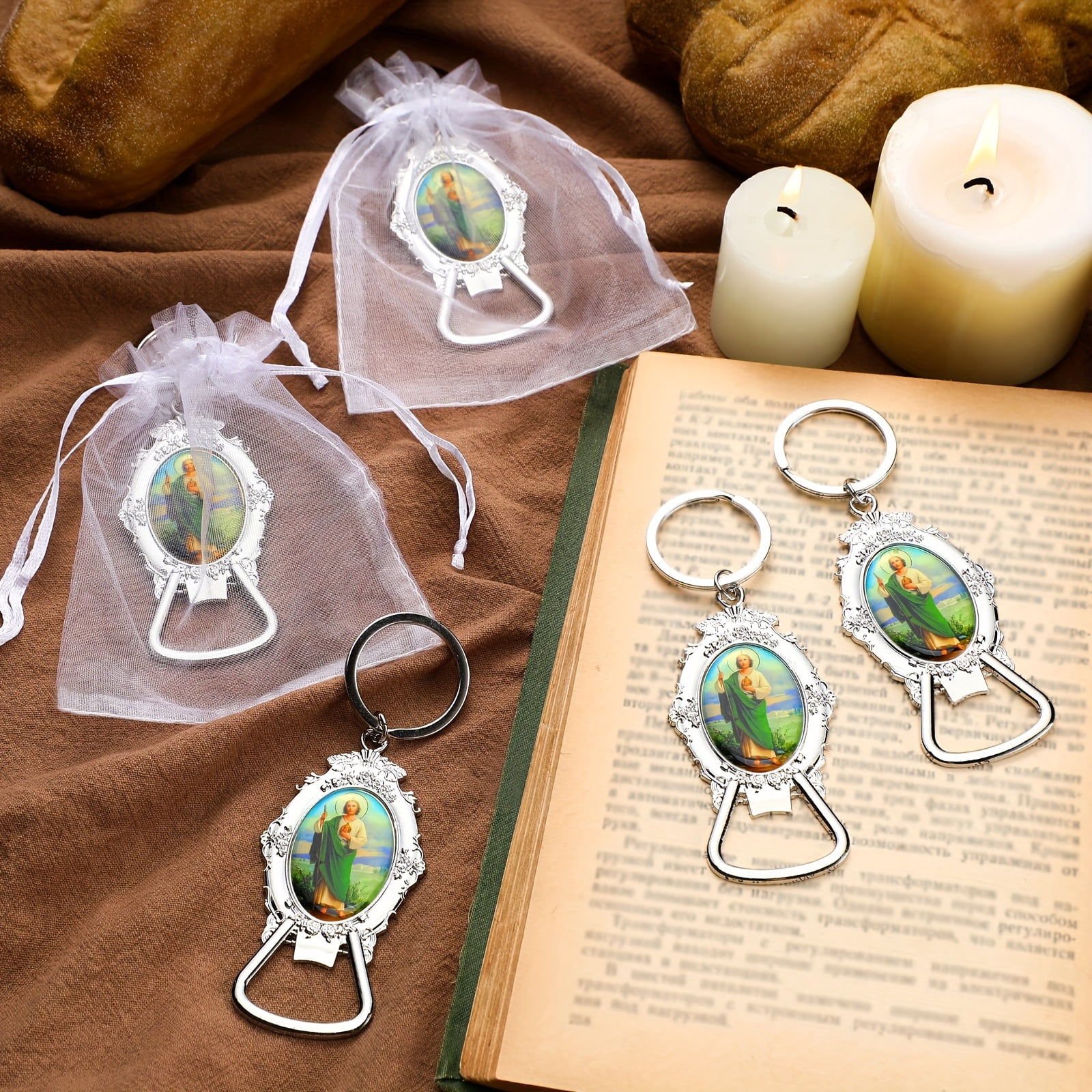 12 Sets St. Jude Bottle Opener Keychains with Organza Bags, Zinc Alloy Catholic Keychain Gift Set for Baptism, Church Celebration, Religious Gathering and Faith Inspired Keepsakes