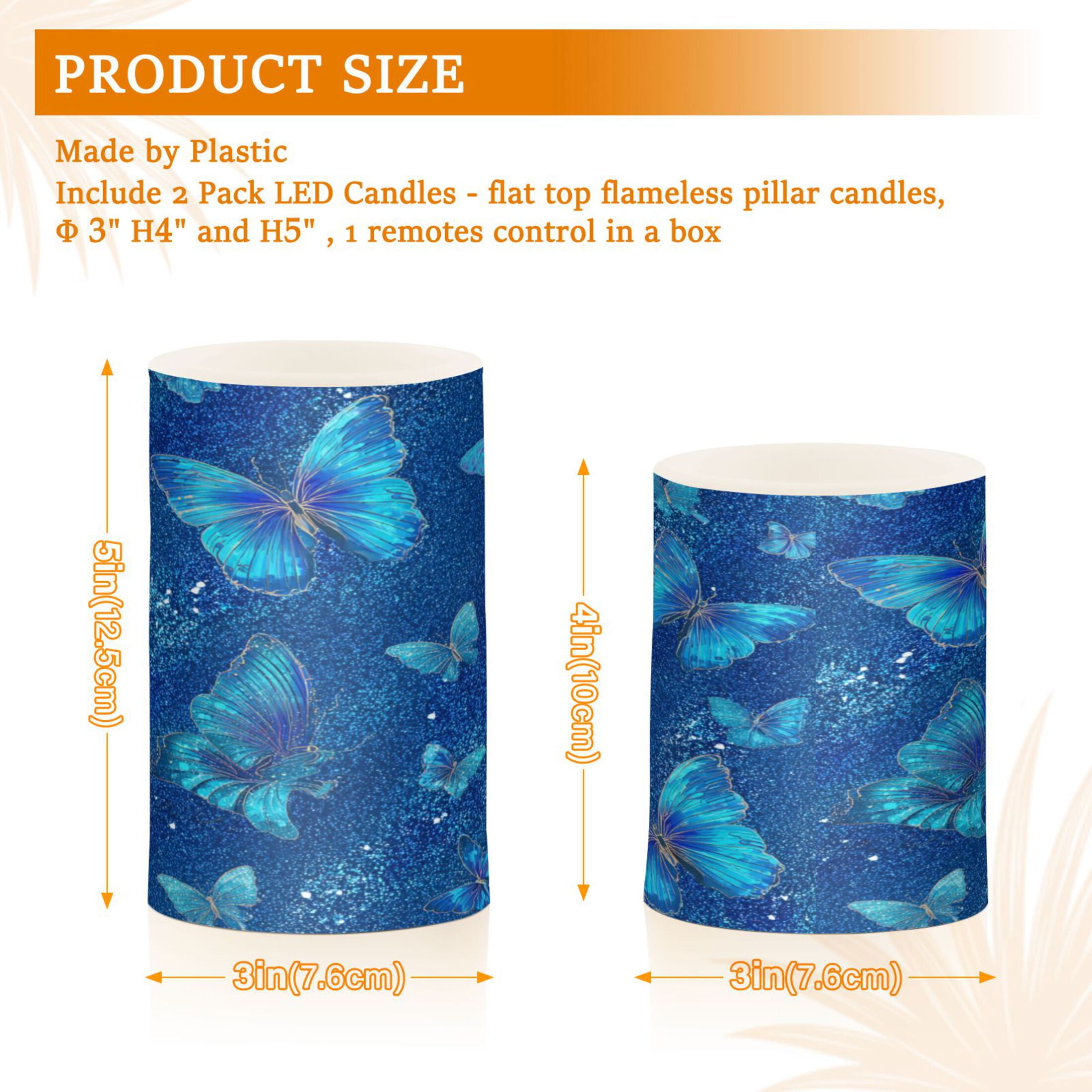 2 PCS LED Flicker Flameless Candle with Remote Control Realistic 3D Wick LED Window Decoration Candle Set for Wedding Table Home Decor Favors Blue Glitter Butterfly