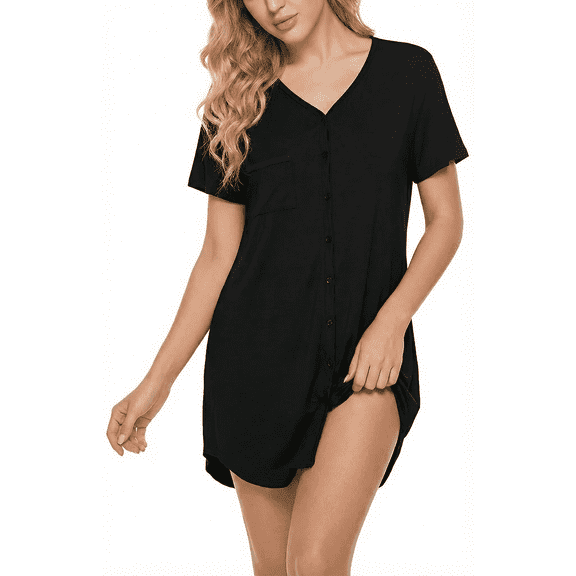MLDRA Nightgowns For Women Deep V Neck Button Down Short Sleeve Nightshirt Loose Loungewear Casual Sleepwear