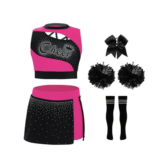 TSSOE Kids Girls Cheerleading Outfit Cheer Uniform Sleeveless Rhinestones Crop Top and Skirt with Pom Poms Hot Pink 12