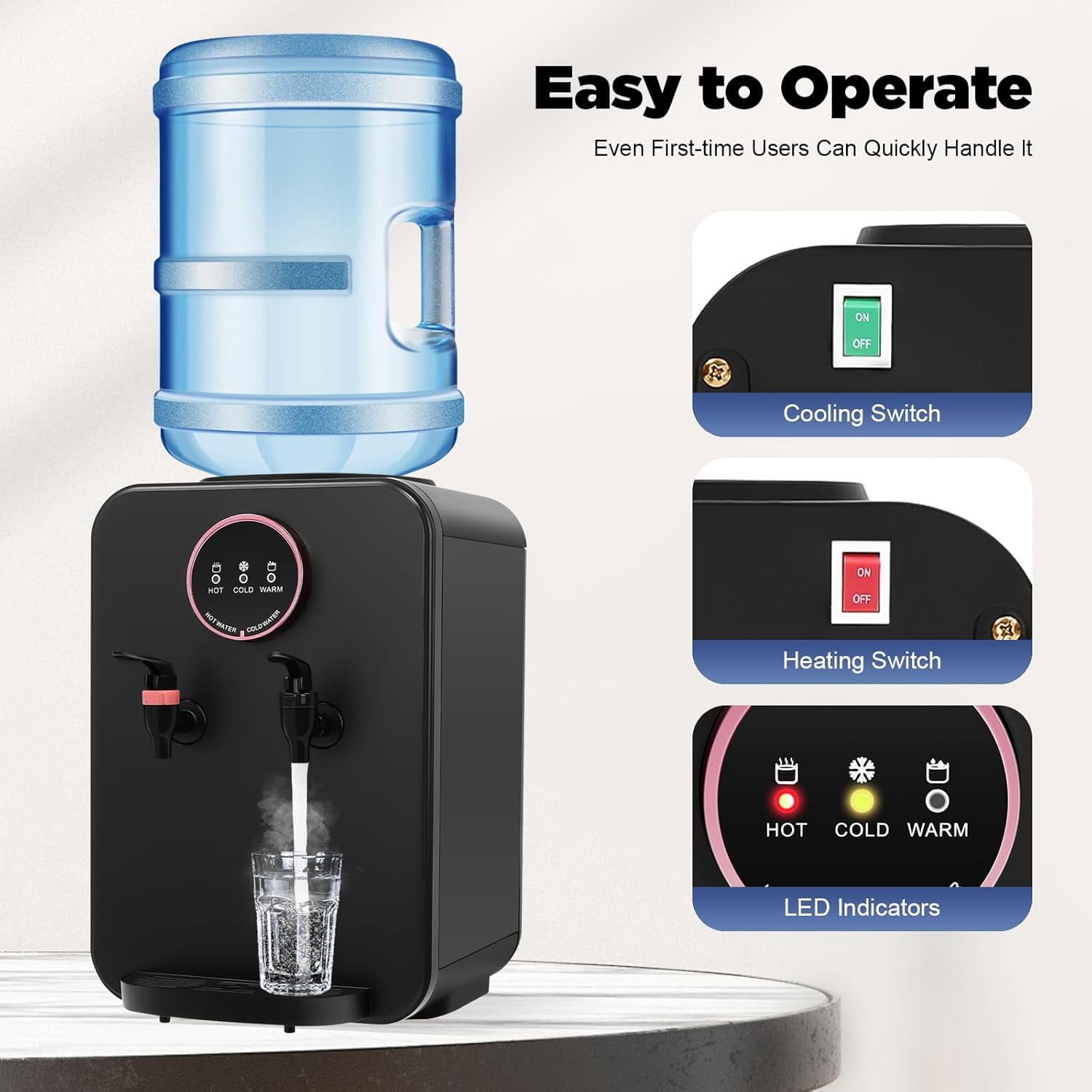 Countertop Hot and Cold Water Cooler Dispenser, Efficient Cooling/Heating, for Home Office Use, Holds 5 Gallon Bottles