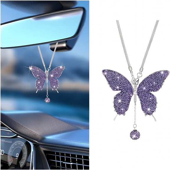 RIONIMA Butterfly Car Rear View Mirror Charm, Crystal Rhinestone Vehicle Pendant, Sparkling Auto Interior Decoration for Women, Universal for Sedan RV Truck, Purple