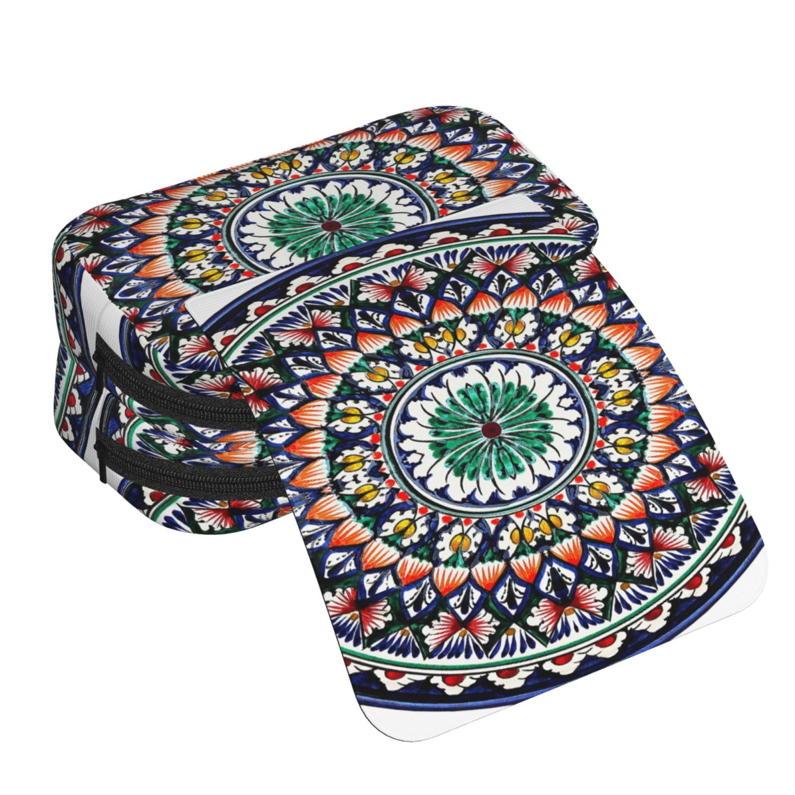 Rateoe Colorful With Blue Oriental Pattern Double Clamshell Pen Case, Storage Organizer with Two Zipper Compartments– Holds Up to 50 Pencils & Pens