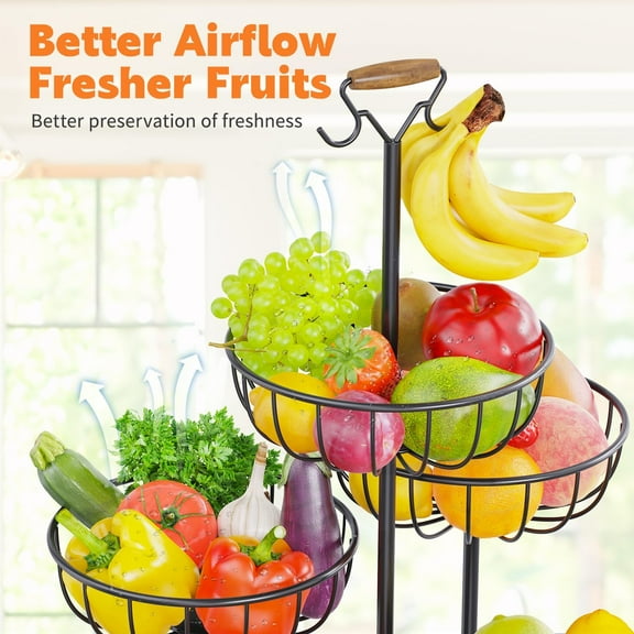 Black 5-Tier Kitchen Fruit Basket Tower with Banana Hanger, Tall Countertop Vegetable & Produce Holder with Stable Base for Potato, Onion, Fruits