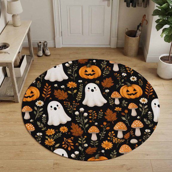 Halloween Round Area Rug 3Ft Washable Small Circle Rugs for Kitchen Entryway, Funny Ghost Pumpkins Mushrooms Botanical Non-Slip Carpet Floor Mats Indoor Outdoor Carpet Runner Aesthetic Home Decor