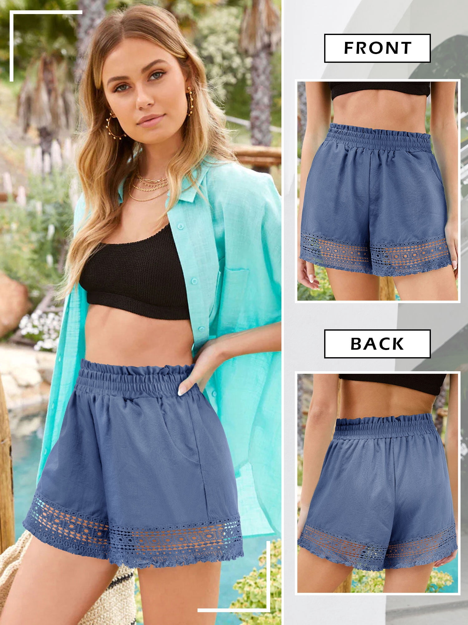 STARVNC Women Hollow Out Ruffle High Waisted Smocked Pocket Shorts