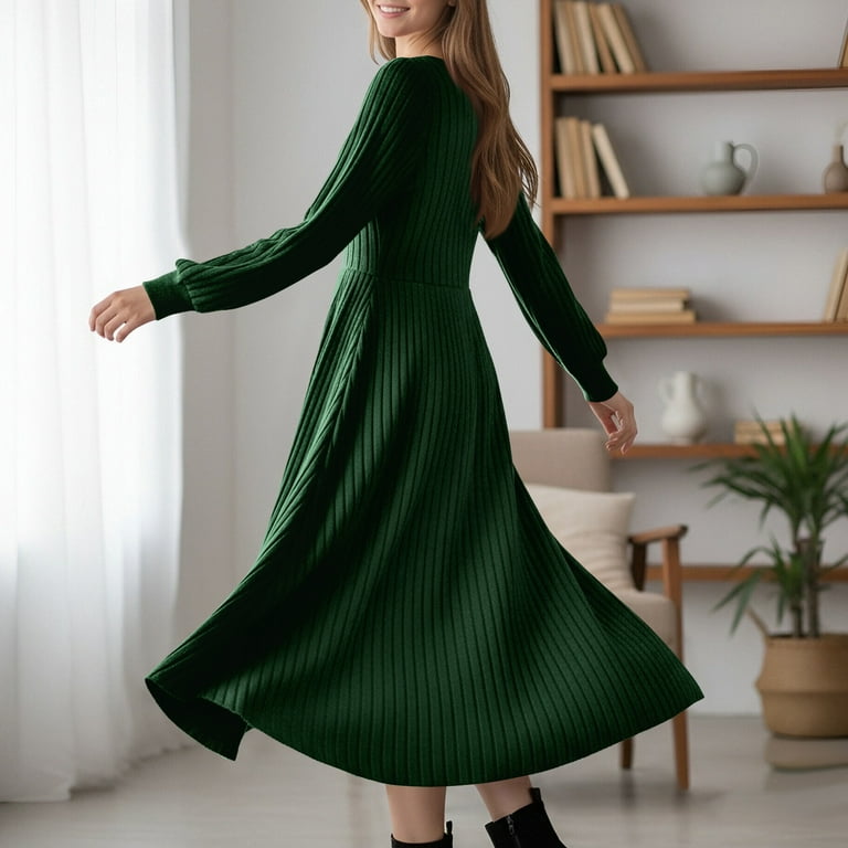 Posijego Women's Casual Dresses Knit Sweater Dress Long Sleeve Midi Dress Crew Neck A-Line Spring Dress, Size: Medium, Green